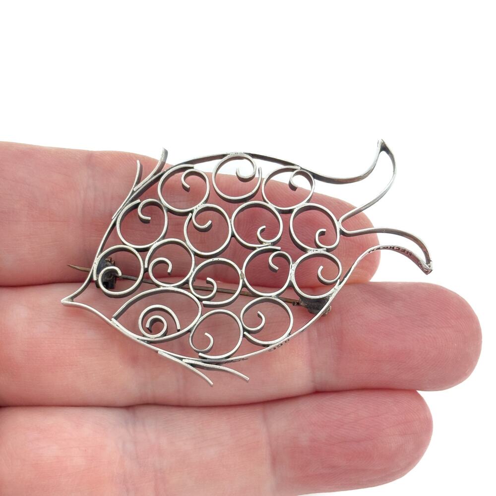 Vintage Mexico Taxco Sterling Silver 925 Fish Filigree Brooch